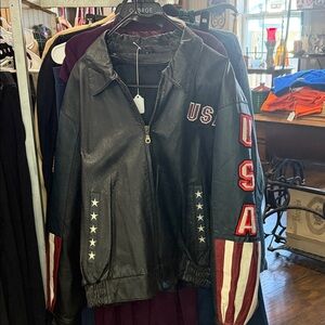 Source Unknown Black Leather Varsity Jacket with USA Accents